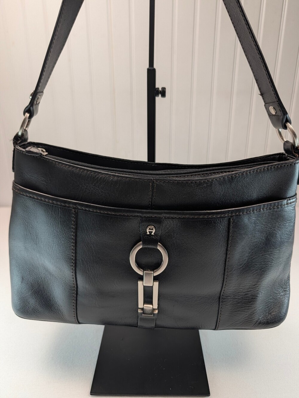 Vintage 90's Etienne Aigner Black Leather Shoulder Bag with Silver Hardware